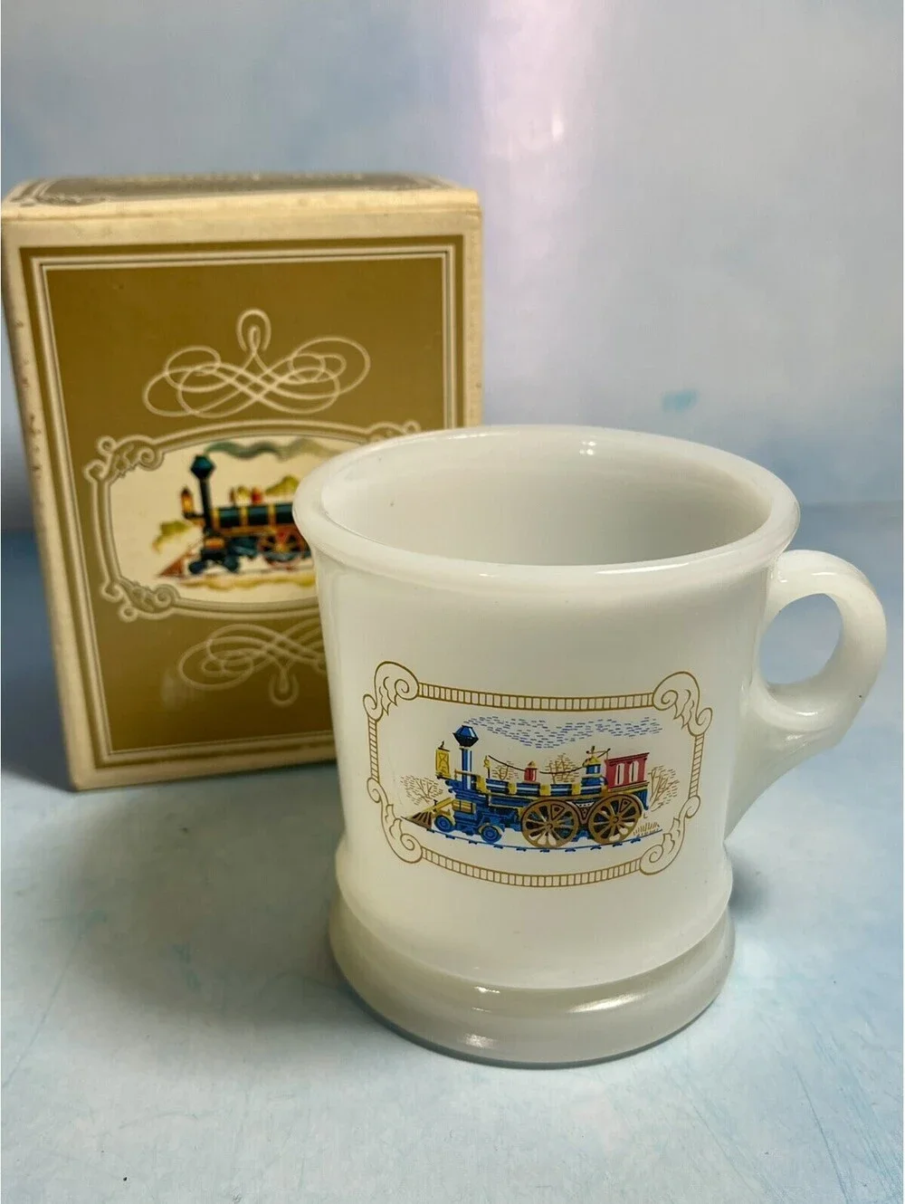 Vintage Avon Milk Glass Shaving Mug Cup Iron Horse Railroad Train Locomotive 738